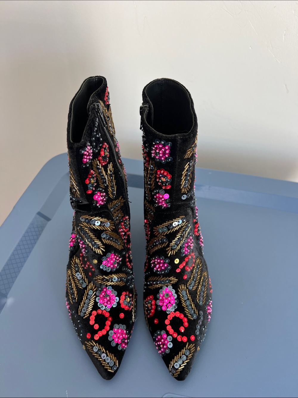 Loeffler Randall isla black velvet multicolored sequins heeled pointed toe boots - Picture 5 of 13
